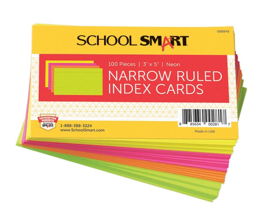 School Smart Ruled Index Cards, 3 x 5 Inches, Assorted Neon, Pack of 100 088849